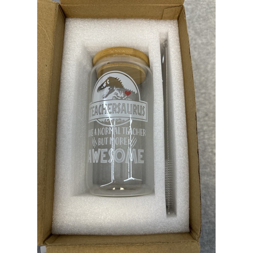 Gifts for Teacher Glass Cup Tumbler Straw Bamboo Lid Teachersaurus Can Glass - Picture 7 of 7